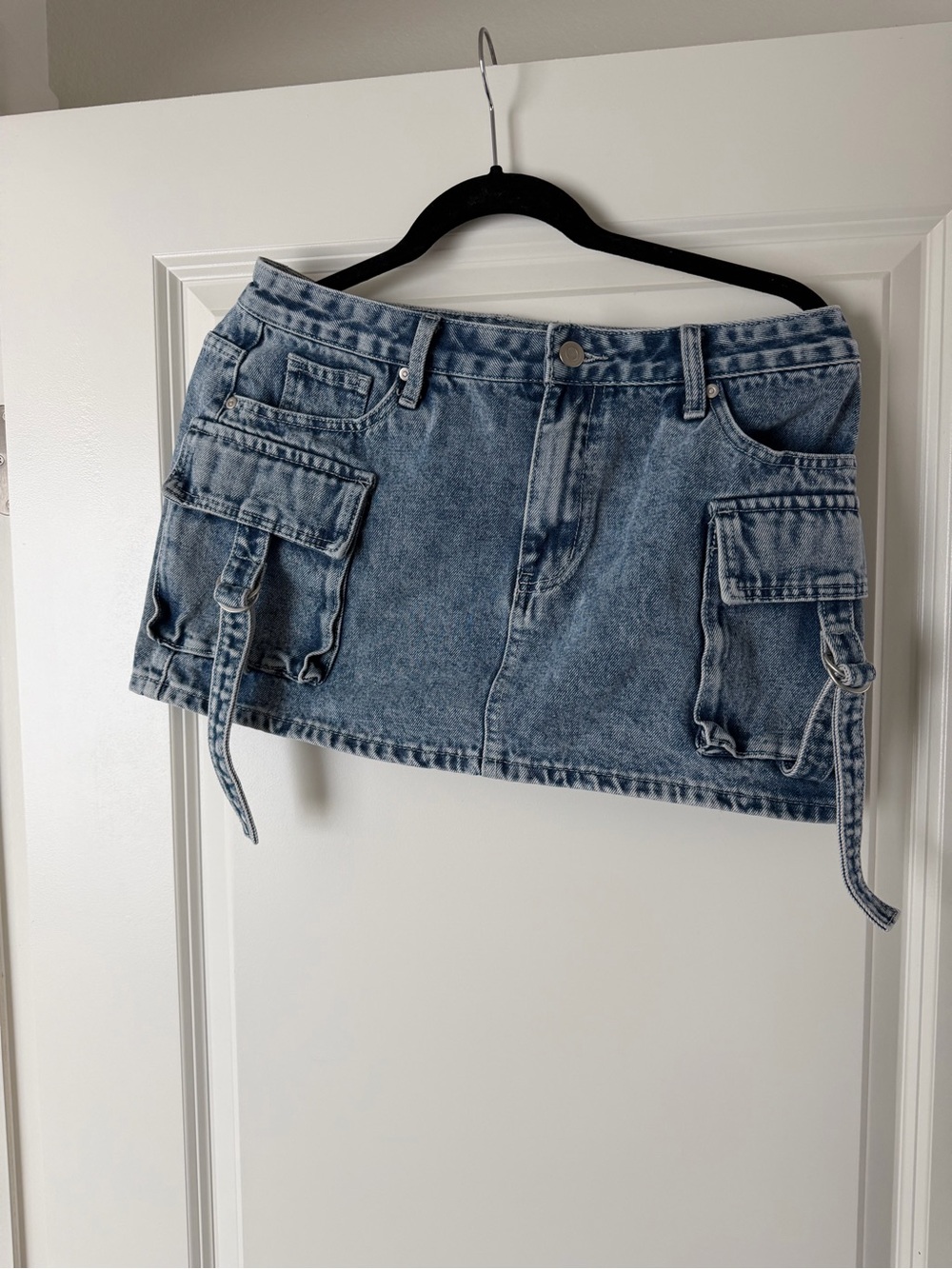 Denim Cargo Mini Skirt Shorts - Light Blue